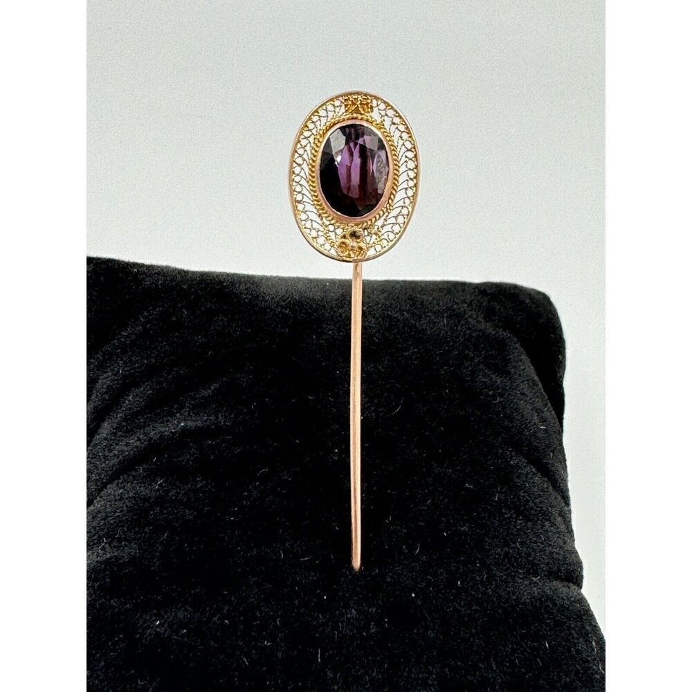 Antique Edwardian‎ 14K Yellow Gold Filigree Cut Amethyst Lapel Stick Pin
